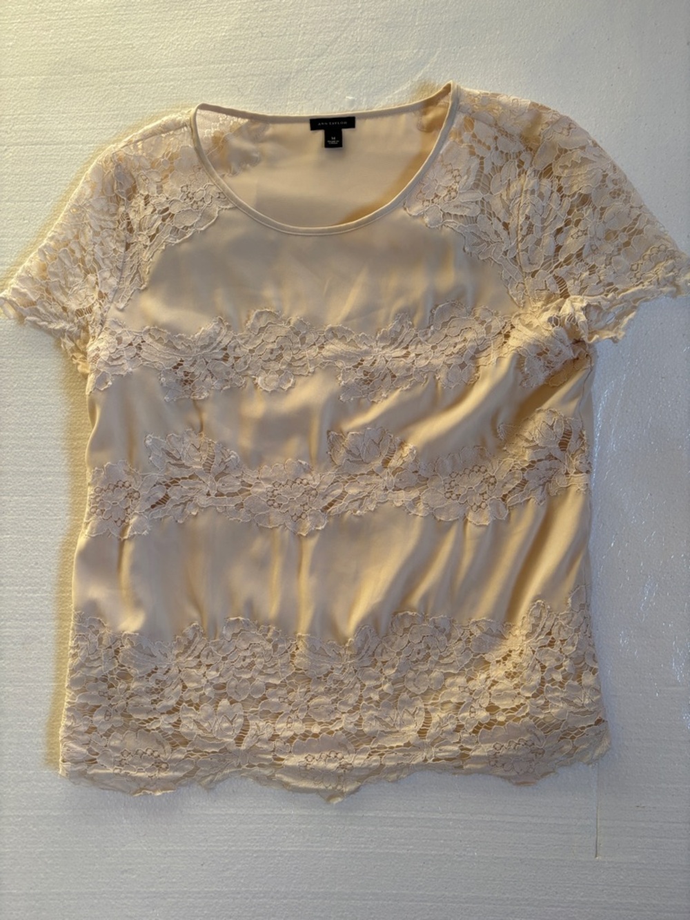 Ann Taylor Cream Lace-Trim Short Sleeve Blouse